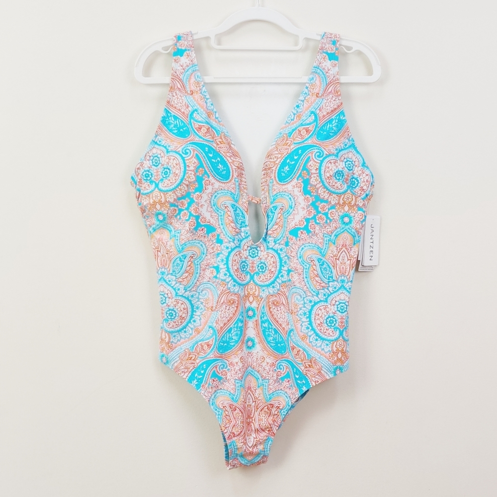 NEW! Jantzen One Piece Bathing Suit Plus Size 14 Turquoise Paisley Swimsuit